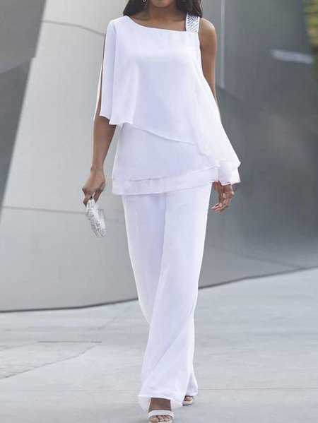 

Glitter Plain Chiffon Business Casual Two-Piece Set, White, Suit Set