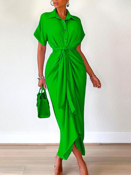 

Vacation Shirt Collar Regular Fit Plain Maxi Dress, Green, Maxi Dresses