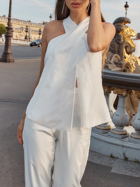 

Elegant Halter Plain Regular Fit Shirt, White, Blouses and Shirts