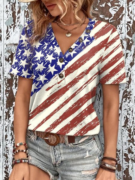

Casual Loose Independence Day V Neck Shirt, Blue, Shirts & Blouses