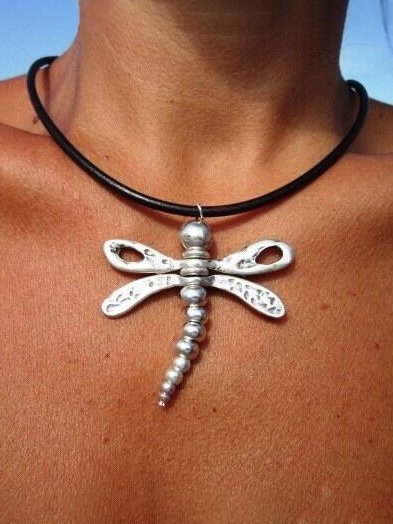 

Vintage Silver Dragonfly Leather Necklace Choker Western Casual Women's Jewelry, As picture, Necklaces