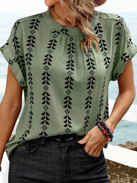 

Geometric Loose Crew Neck Casual T-Shirt, Army green, Shirts & Blouses