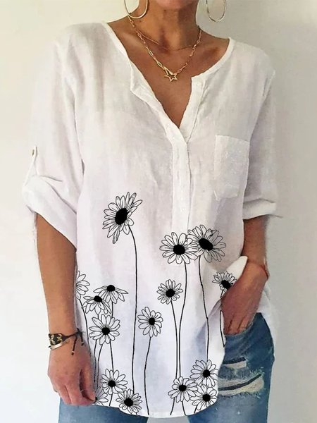 women's cotton linen casual Printing Linen Cotton V Neck Blouse, White, Tops