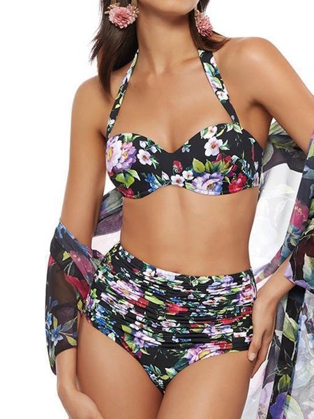 

Printing Vacation Floral Bikini With Cover Up, Multicolor, Bikini Sets