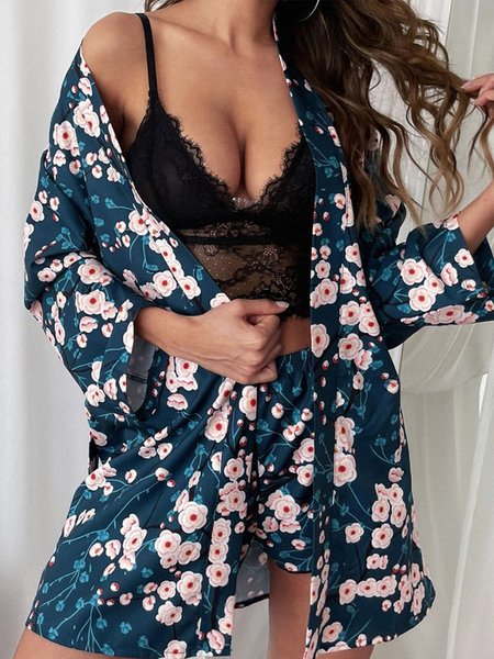 

Lace Floral Pajamas Three-Piece Set, Purplish blue, Loungewear & Sleepwear