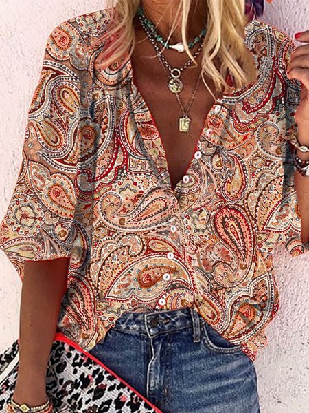 

woman bohemian Stand Collar Boho Cotton Blouse, Brown, Shirts & Blouses