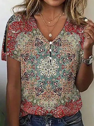 

Floral V Neck Casual Loose Shirt, Red, Shirts & Blouses