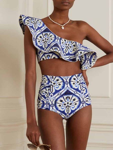 

Ethnic One Shoulder Vacation Printing Bikini, Blue, Bikini Sets