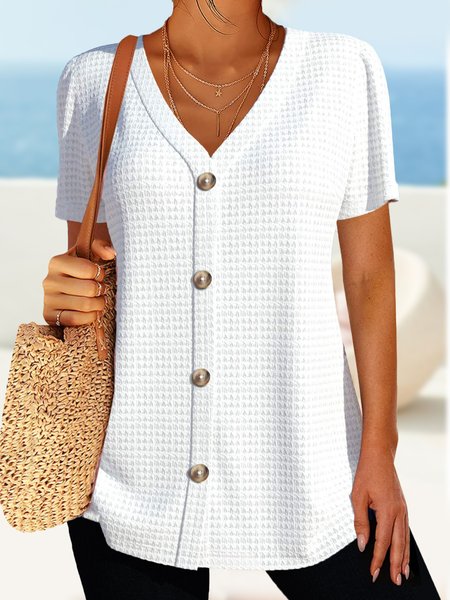 

Buckle Simple V Neck Regular Fit T-Shirt, White, Blouses & Shirts