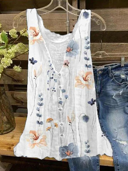 

Casual V Neck Loose Floral Tank Top, White, Tanks & Camis