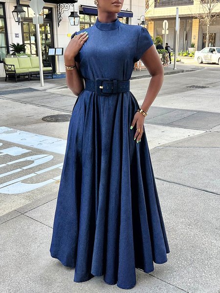 

Stand Collar Elegant Plain Denim Dress, Blue, Maxi Dresses