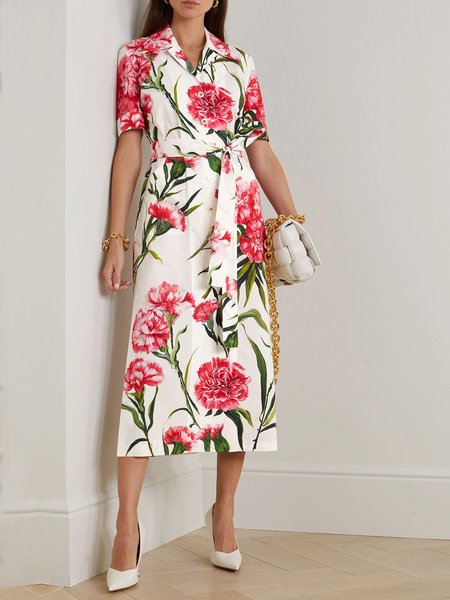 

Elegant Lapel Collar Short Sleeve Floral Shirt Dress, White, Midi Dresses