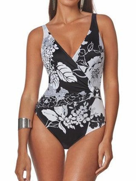

Floral V Neck Vacation Printing One-Piece, Black, One-Pieces