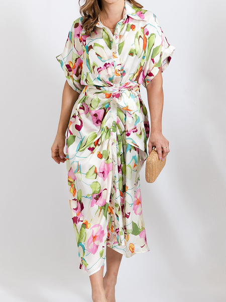 

Urban Regular Fit Shirt Collar Short sleeve Floral Midi Dress, As picture, Midi Dresses