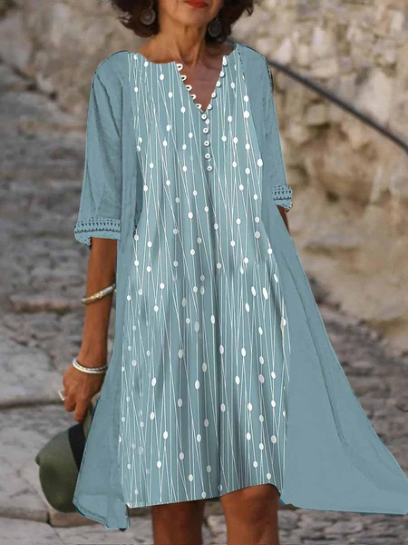 

Women's Two Piece Dress Set Casual Dress Dress Set Outdoor Daily Fashion Modern Button Print Midi Dress V Neck Half Sleeve Geometic Regular Fit Blue Summer Spring, Dresses