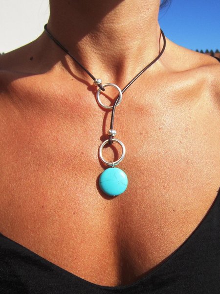 

Vintage Turquoise Leather Necklace Choker Western Style Ethnic Women's Jewelry, As picture, Necklaces