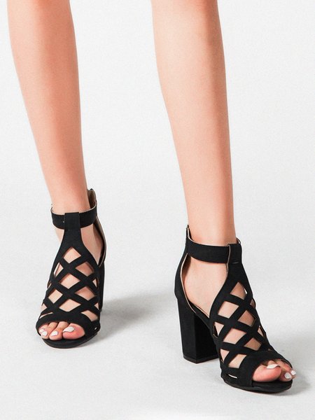

Elegant Hollow out Chunky Heel Sandals, Black, Heels