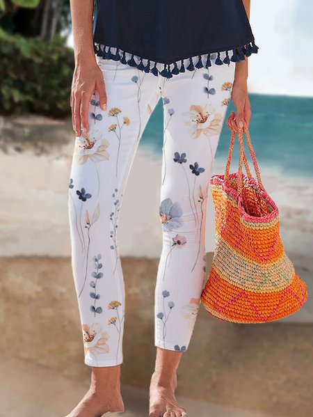 

Floral Print Casual Cropped Legging, White, Leggings
