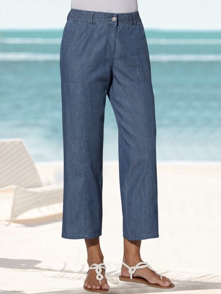 Pocket Stitching Plain Casual Loose Denim Blue Pants, Pants