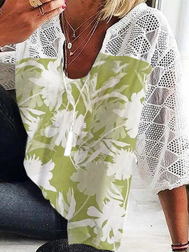

Casual Floral V Neck Loose Shirt, Green, Shirts & Blouses