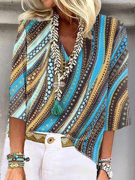 

Casual Abstract V Neck Shirt, Blue, Blouses