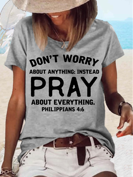 

Women's Christian Don't Worry About Anything Casual Crew Neck Letters T-Shirt, Gray, T-shirts