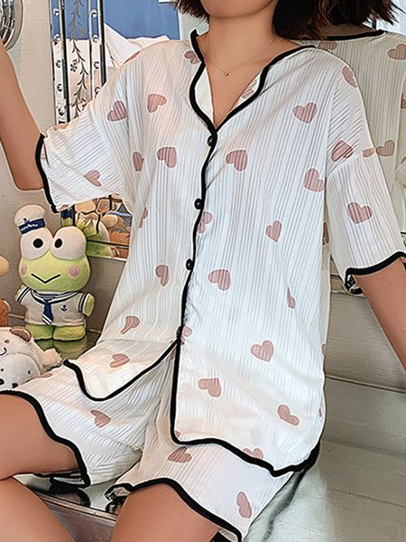 

Heart-Print Pitted Color-Block Pajama Set, White, Loungewear & Sleepwear