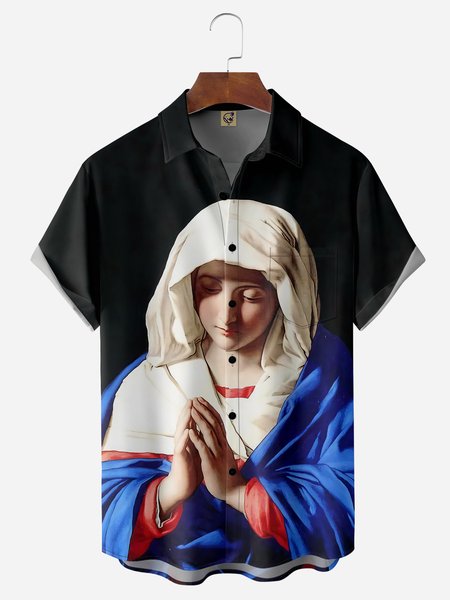 

Famous Painting Chest Pocket Short Sleeve Shirt, Black, Men Shirts