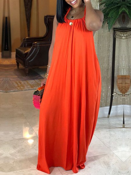 

Halter Simple Loose Vacation Plain Dress, Orange, Maxi Dresses