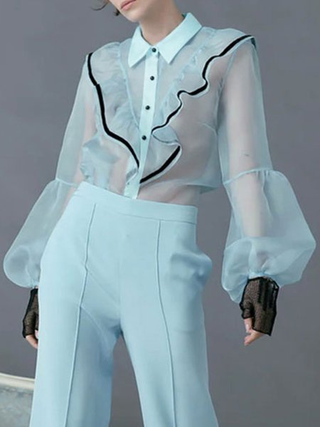 

Elegant Shirt Collar Lantern Sleeve Organza Flouncing Plain Blouse, Light blue, Blouses and Shirts