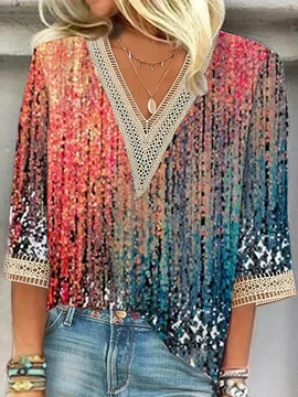 

V Neck Ombre Loose Casual Shirt, Red, Shirts & Blouses