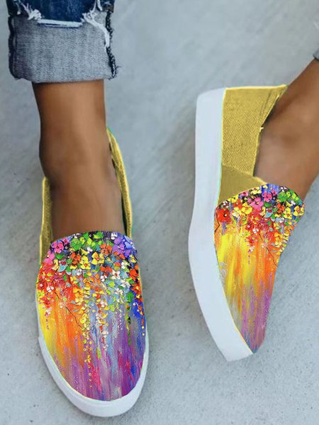 

Art Floral Printed Casual Slip On Shoes, Yellow, Flats