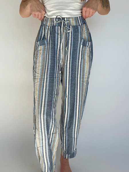 

Loose Cotton And Linen Geometric Linen Pants, Blue, Pants