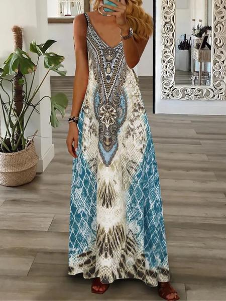 

Women's Long Dress Maxi Dress Casual Dress A Line Dress Slip Dress Geometric Tribal Vintage Retro Outdoor Daily Date Ruched Print Sleeveless V Neck Dress Regular Fit Red Royal Blue Blue Summer Spring, Dresses