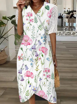 

Loose Floral V Neck Elegant Dress, White, Dresses