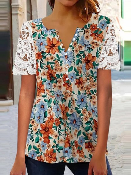 

Floral V Neck Casual Loose Shirt, Purple, Shirts & Blouses