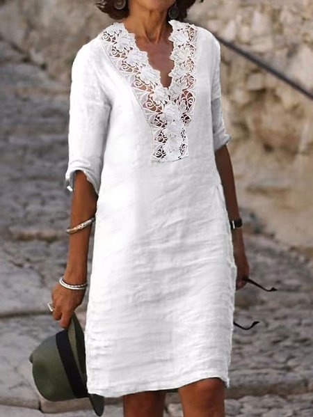 

Women Elegant Lace Floral V Neck Half Sleeve Casual Vacation Cotton Linen White Dress, Mini Dresses