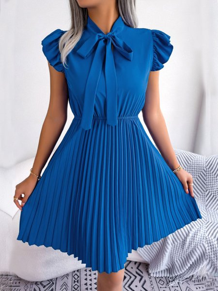

Elegant Short Sleeve Plain Pleated Dress, Blue, Mini Dresses