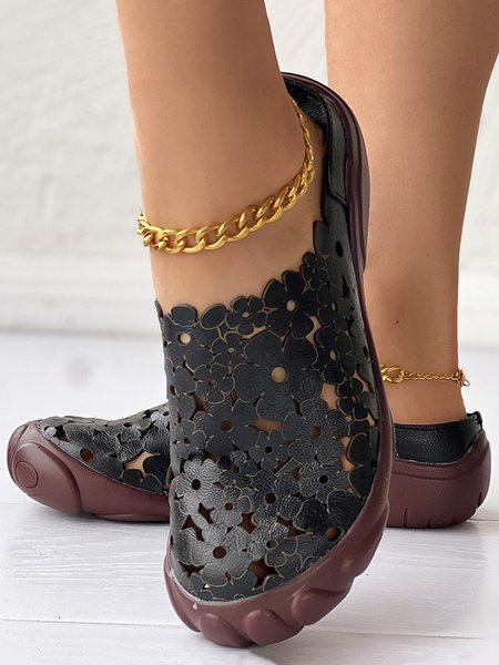 

Floral Hollow out Vintage Cowhide Leather Mules, Black, Flats