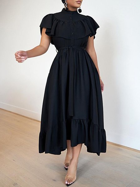 

Elegant Plain Flouncing Short SleeveDress, Black, Midi Dresses