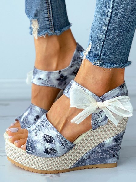 

Floral Print Bowknot Espadrille Wedge Sandals, Black, Sandals