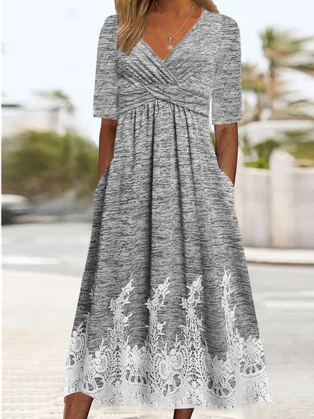 

Lace Casual Plain V Neck Dress, Gray, Dresses