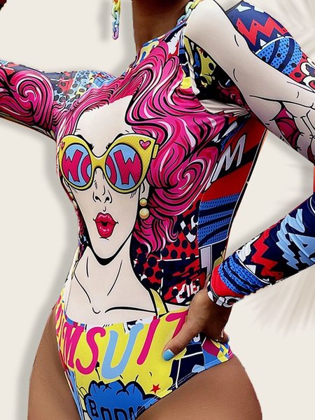

Sexy Printing Abstract Crew Neck One-Piece Swimsuit, Red, One-Pieces