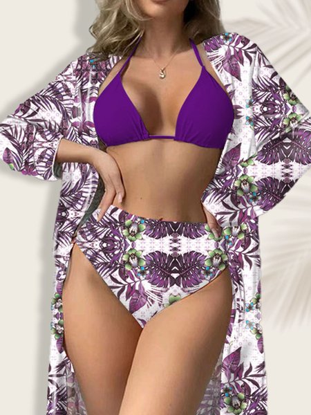 

Vacation Floral Printing Bikini With Cover Up, Purple, Coverups