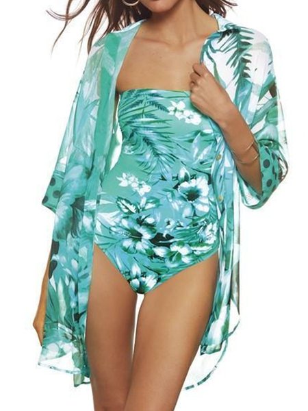 

Vacation Tropical Square Neck Printing One Piece With Cover Up, Green, Coverups