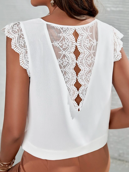 

Plain Loose Vacation Contrast Embroidery Mesh Scallop Trim Blouse, White, Shirts & Blouses