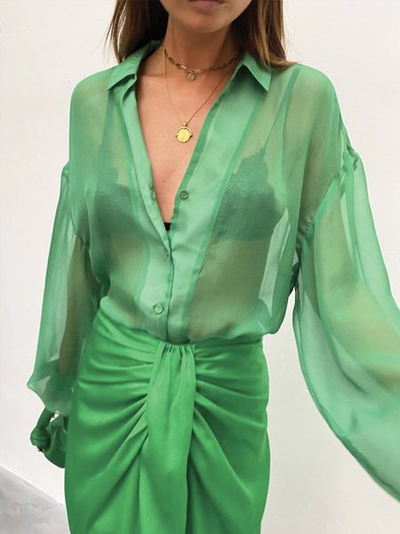 

Shirt Collar Regular Fit Plain Elegant Blouse, Green, Blouses and Shirts