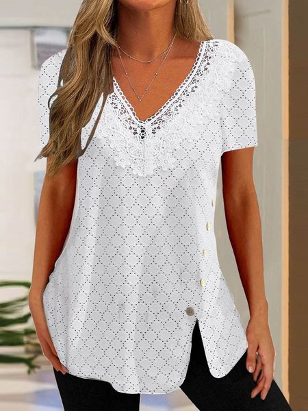 

Women's Lace Short Sleeve V-neck Top, White, Shirts & Blouses