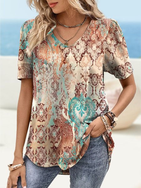 

Regular Fit V Neck Ethnic Ethnic T-Shirt, Apricot, T-Shirts