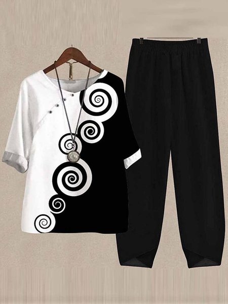 

Color Block V Neck Buttoned Casual Two-Piece Set, Black-white, Suit Set